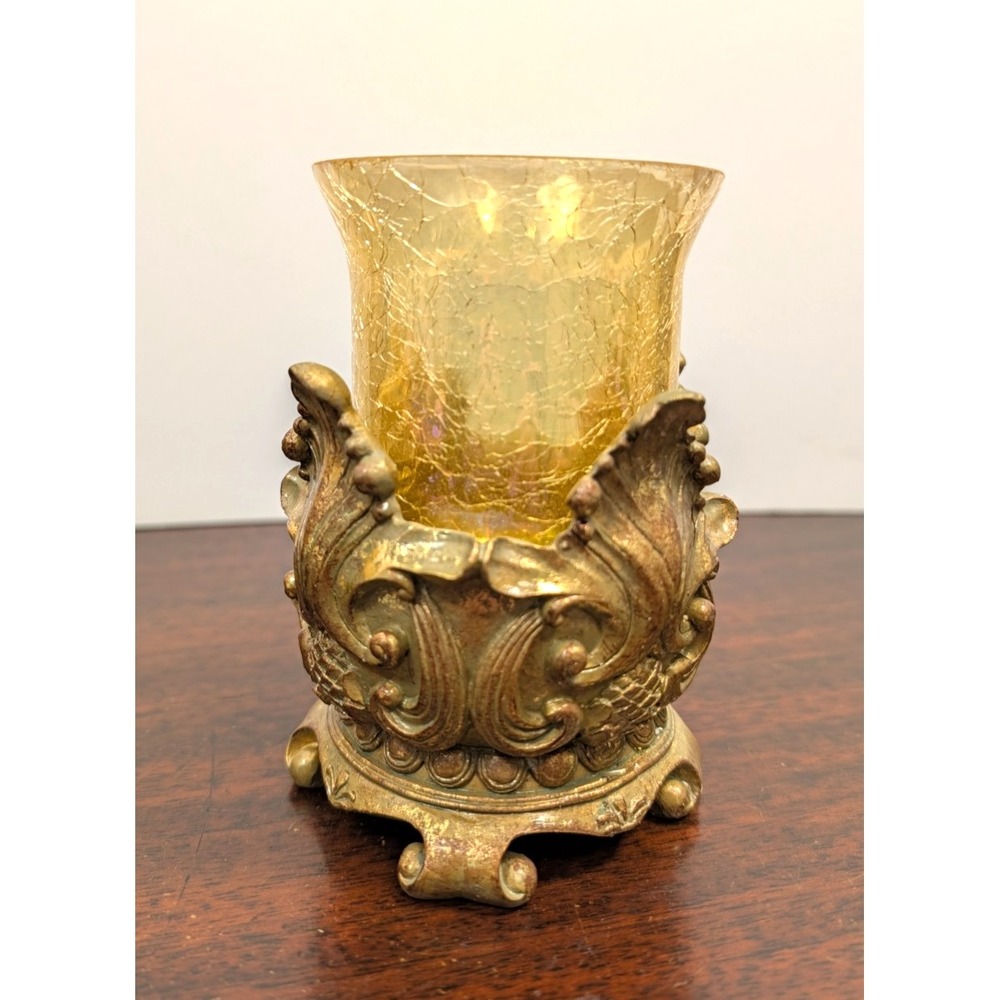 Vintage Ornate Gold Tone Candle Holder Amber Crackle Glass Gothic Baroque 5"